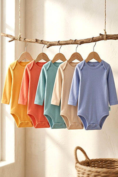 MAHFEL 100% Cotton Long Sleeve Baby Bodysuit with Snap Fasteners, Set of 5