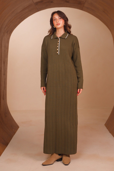 Balenbi Women's Polo Collar Button Detailed Ribbed Long Knitwear Dress 8515