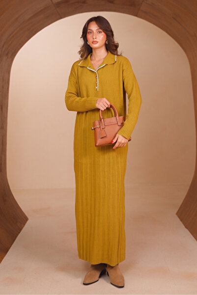 Balenbi Women's Polo Collar Button Detailed Ribbed Long Knitwear Dress 8515