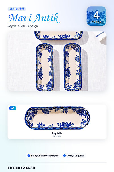 ers erbaşlar MAVİ ANTİK 4 PARÇA LÜX ZEYTİNLİK SETİ (7x21 CM)