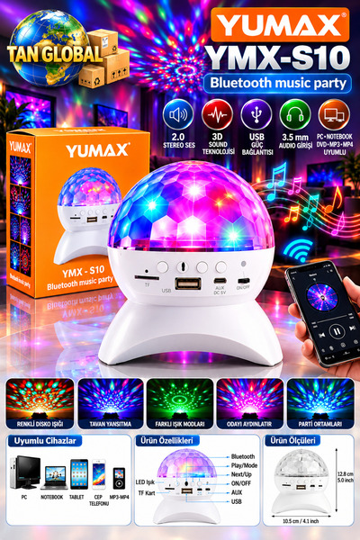TAN EXPRESS Led Işıklı Disko Topu Şarjlı Bluetooth Hoparlör Tavan Işık Yansıt...