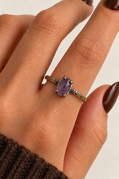 Leo'Stone Natural Amethyst Stone High Oval Bronze Adjustable Women's Vintage ...