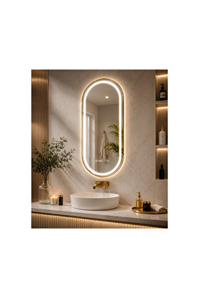 OEM Oglindă LED ovală premium, cadru auriu, 50 x 80 cm, sistem anti-aburire, ...