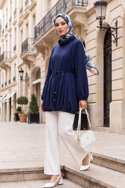 Generic Brand Elastic Skirt, Lace-Up Waist, Off-Shoulder, Balloon Sleeves, Half-Throat Collar Sweatshirt - Navy Blue