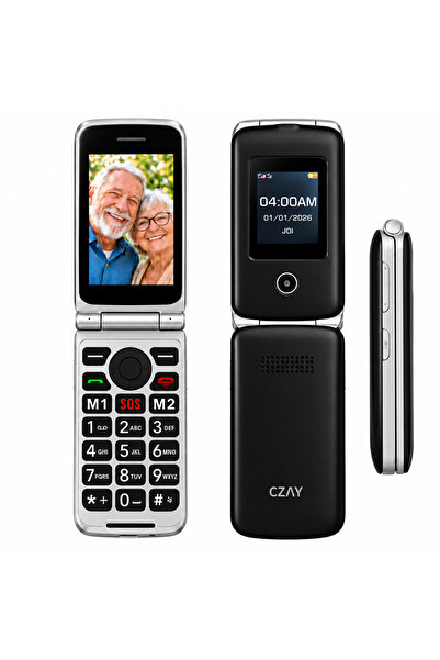 CZAY Telefon mobil cu clapetă, Dual SIM, Ecran dublu, Butoane mari, Negru