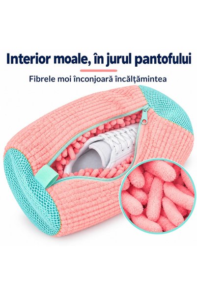 MACASORE Sac Spălat Încălțăminte pentru Mașina de Spălat, 40x20 cm, Fibre Chenille, Protecție Pantofi și Tambur, Reutilizabil, Roz