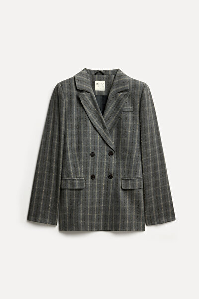Mudo Women's Gray Plaid Double-Breasted Blazer Jacket