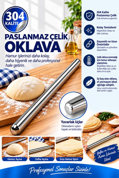 ALETÇANTAM 60cm Çelik Oklava 304 Kalite Paslanmaz Çelik Metal Hamur Börek Baklava Yufka Açma Oklavası