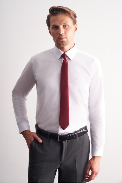 İmza White Long Sleeve Plain Fabric Hard Collar Pocketless Cotton Basic Slim ...