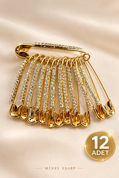 MODA Minelesarp 12’li Taşlı Çengelli İğne Seti Gold Eşarp Şal İğnesi Çok Amaç...