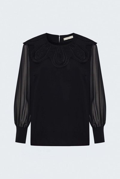 Sateen Collar Detailed Blouse - Black