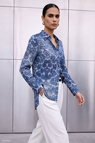 Sateen Klassisches Hemd mit Leopardenmuster - Marineblau