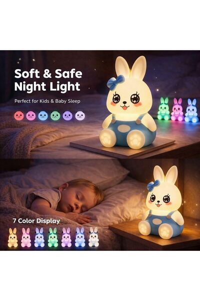 Genel Markalar Sevimli Tavşan Gece Lambası RGB Renk Değiştiren Dokunmatik Beb...