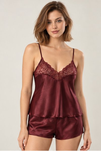 Pearlune Women's Burgundy Satin Shorts Pajama Set - Comfortable Home Wear Sle...