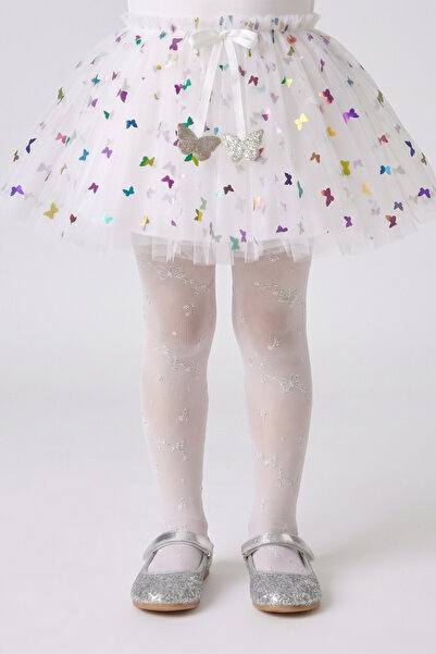 Le Mabelle Weiße Mädchenstrumpfhose mit Schmetterlings- und Blumenmuster