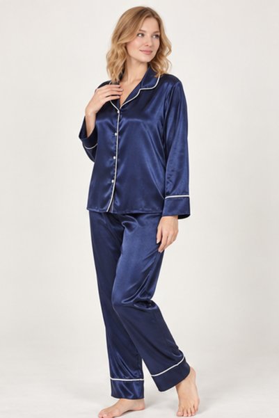 Pearlune Women's Navy Blue Satin Long Sleeve Pajama Set - Two Piece Set with ...