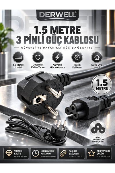 Derwell 1.5 Metre 1.5mt Notebook Laptop Şarj Adaptörü 3lü Yonca 3 Pinli Dizüs...