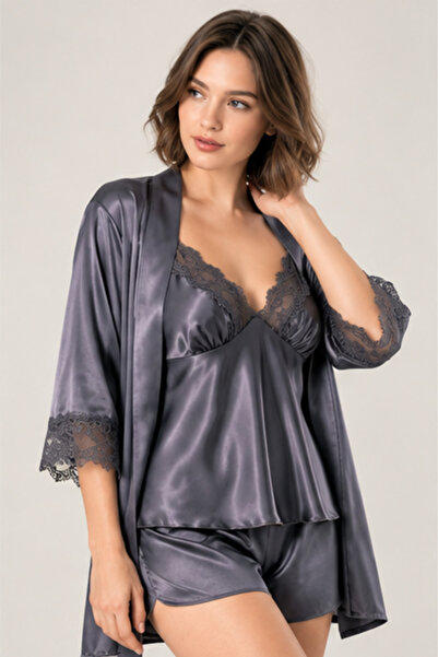 Pearlune Women's Anthracite Satin Lace Detailed Three-Piece Pajama Set with D...