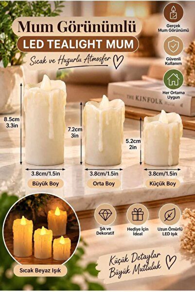 NEWSTORE HOME 3 Lu Krem Erimiş Görünümlü Led Mum Pilli