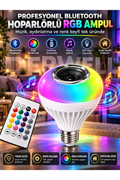 Derwell Bluetooth Hoparlör Akıllı Rgb Ledli Ampül Müzikli Lamba Ses Bombası L...