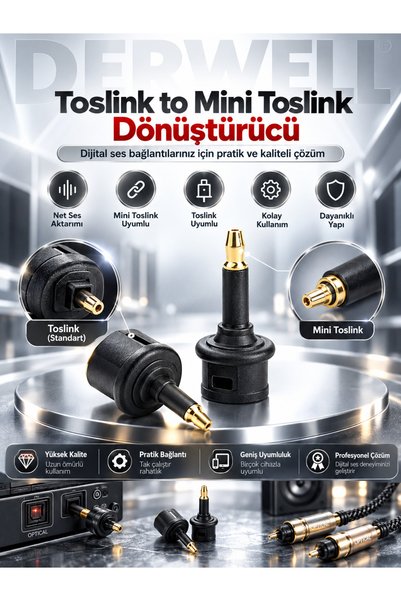 Derwell Toslink To Mini Toslink Adaptör Çevirici Dönüştürücü Optik 3.5mm Dişi...