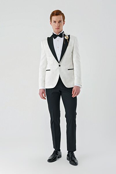 İmza Krem Rengi Çıkarılabilir Kırlangıç Yaka Likralı 6 Drop Slim Fit Smokin D...