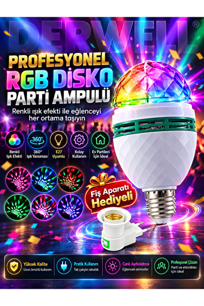 Derwell Renkli Led Döner Başlıklı Disko Topu Ampul Gece Lambası 3 Watt E27 Du...