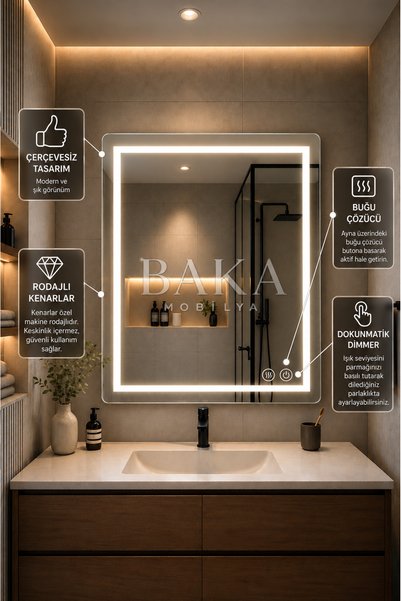 BAKA MOBİLYA 80x60 cm Akıllı Ayna Buğu Çözücülü 3 Renk Ledli Ayna