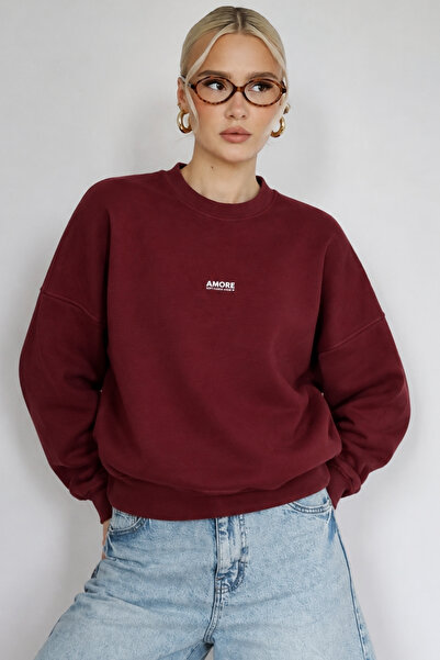 The Champ Clothing Дамски овърсайз суичър с щампа AMORE, цвят бордо – кръгло ...