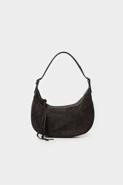 SARACH Genuine Suede Baguette Shoulder Bag with Detailed Buckle-Asphalt Gray