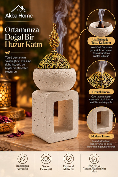 AKBA HOME Seramik Buhurdanlık Metal İşlemeli Kubbeli Kapaklı Mum Hazneli Otan...