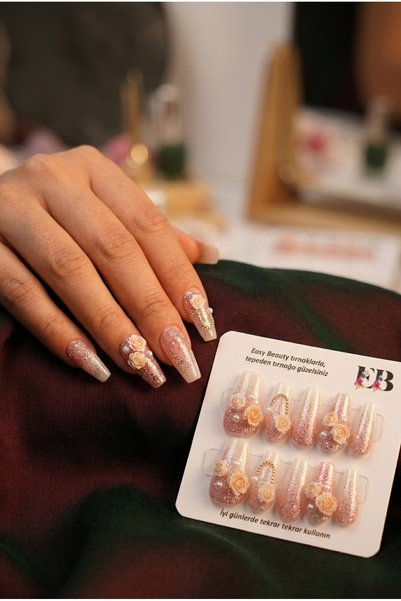 Easy Beauty Protez Tırnak Çiçek Desenli SMALL Beden 10 Adet El Yapımı Takma T...