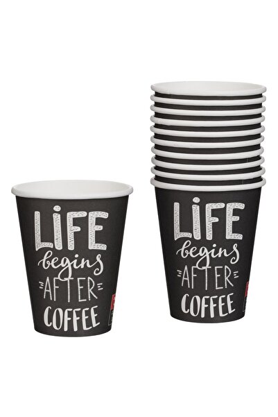 OEM Pahare de Carton Antracit cu Mesaj 'Life Begins After Coffee' 380 ml - 10buc