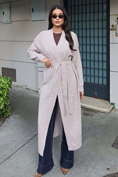 KECHİ WOMAN Knitwear Belted Long Cardigan Beige
