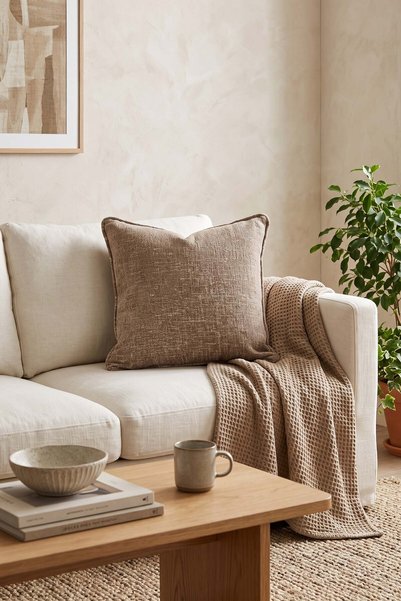 DECO Lüks Bukle Kumaş Fitilli Kahverengi Kırlent Kılıfı
