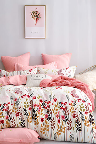İQON Duvet Cover Set with Fitted Sheet Double Garden White