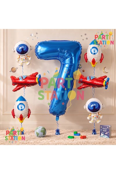 Parti Station Navy Blue Color Number Balloon Space Concept 7 Years Birthday B...