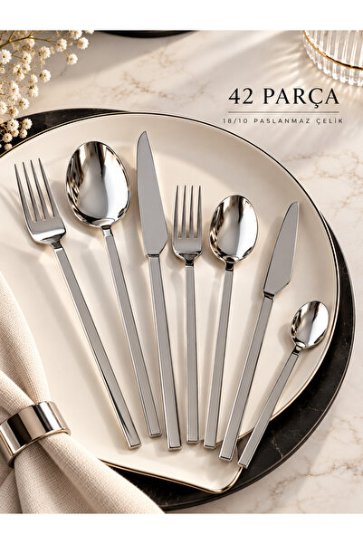 Onedekor 42 Piece Carre Fork Spoon Knife Cutlery Set Silver Silver