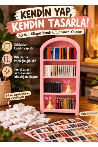 Printech3d Dekoratif Minyatür Kitaplık ve 50 Mini Kitap Seti - Masaüstü ve Ki...