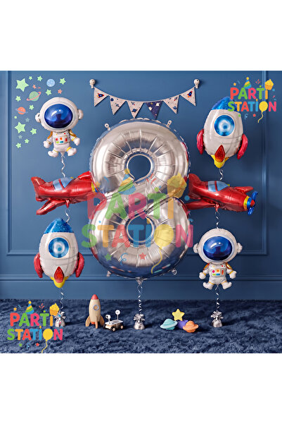 Parti Station Silver Color Number Balloon Space Concept 8 Years Birthday Ball...