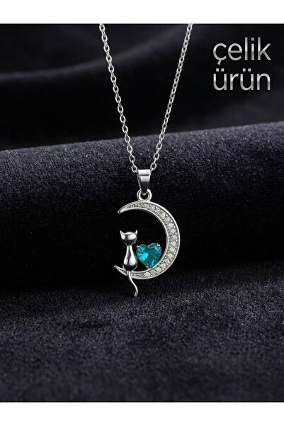 NAS fashion Women's Stone Detailed Cat Figured Crescent Necklace Stainless Steel