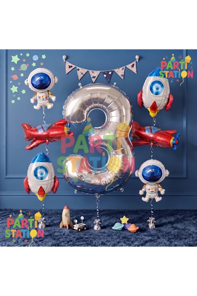 Parti Station Silver Color Number Balloon Space Concept 3 Year Old Birthday B...
