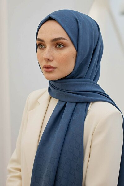Vissona %57 İPEK %43 PAMUK Monogram Desenli Bebe Mavisi Renkli Şal - 70x190 D...