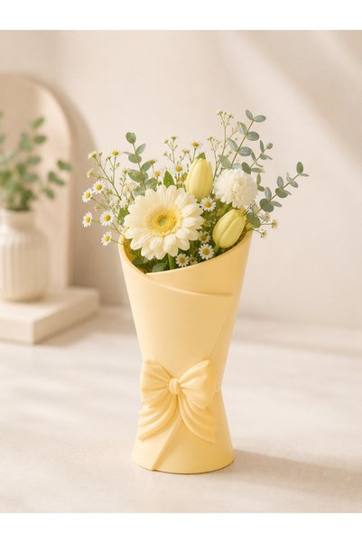 lysiaaccessory Çiçek Buketi Formlu Dekoratif Vazo Fiyonk Detaylı Modern Tasar...