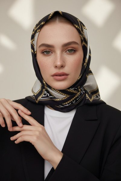 VİOLLA Twill Osmanlı Çini Desenli Siyah Renkli 90x90 Eşarp (İpek İçermez)Kena...