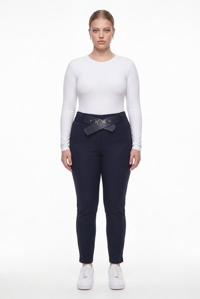 EXİTLİNE Women's Navy Blue Seasonal High-Waisted Belted Trousers with Slit Le...