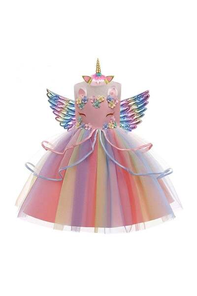 SOLLUXE Rochie prințesă Unicorn pentru fetițe, cu aripi si bentiță, roz/multi...