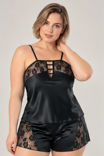 Pearlune Women's Black Plus Size Stylish Satin Shorts Set with Lace Detail on the Chest and Sides