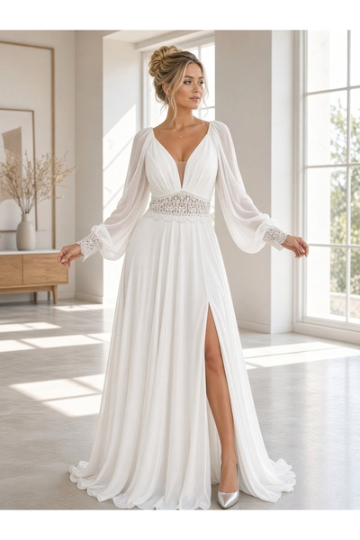 FaBe Fashion Uzun Kollu Dantel Kombinli Beyaz Şifon Nikah ve Dış Çekim Elbisesi