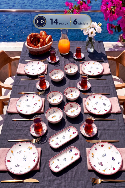 ers erbaşlar Flora Luxury Ceramic 14 Piece Breakfast Set for 6 People